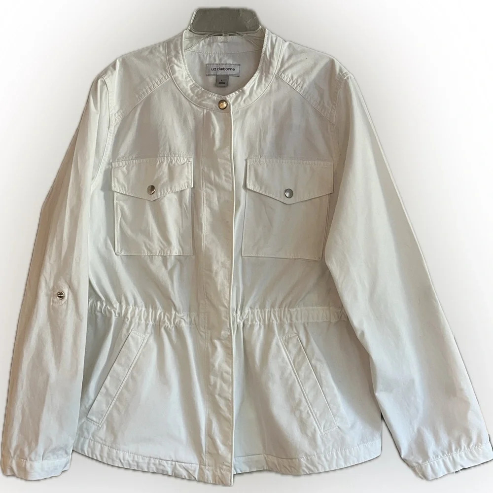 Liz Claiborne Women's Light Jacket Cinch Waist Pockets Safari White Size L